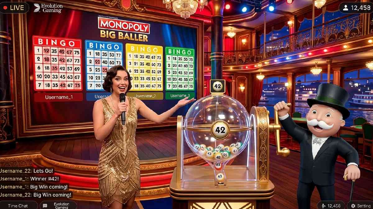 Live host beside bingo ball machine with 5x5 cards and Mr. Monopoly showing how Monopoly Big Baller online works. 