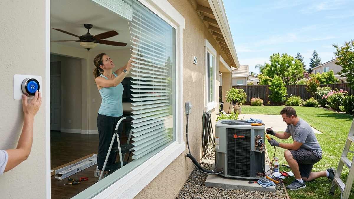 Homeowner installing blinds and checking air conditioner outside house showing how to prepare your home before summer heat arrives. 