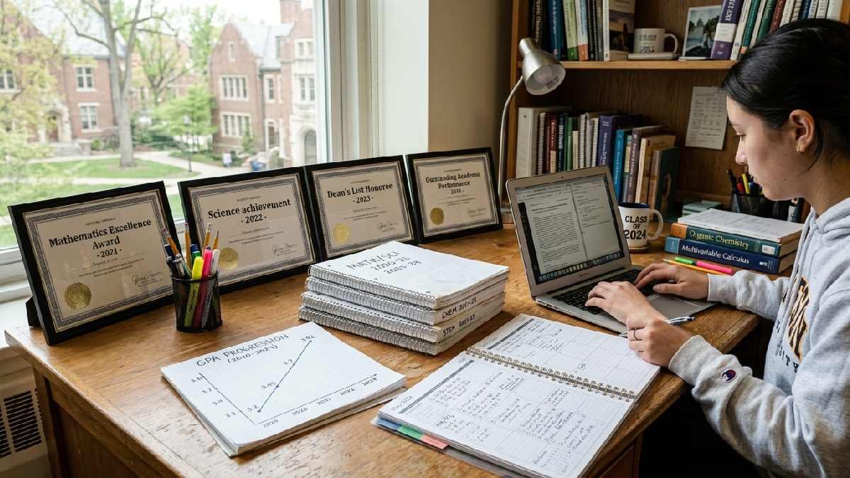 A student desk with consistent academic records, a GPA chart, and a study calendar showing consistency beats isolated brilliance in college admissions.