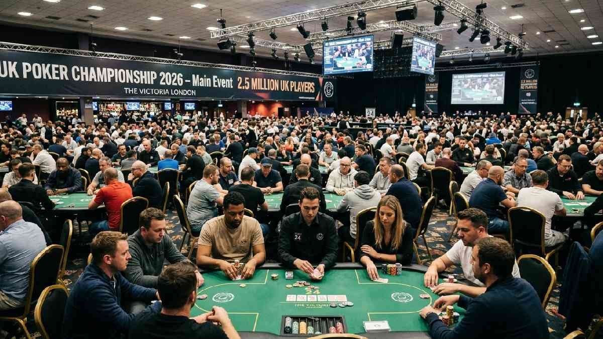 A packed UK poker tournament hall with hundreds of players at green felt tables shows the growing popularity of poker in the UK. 