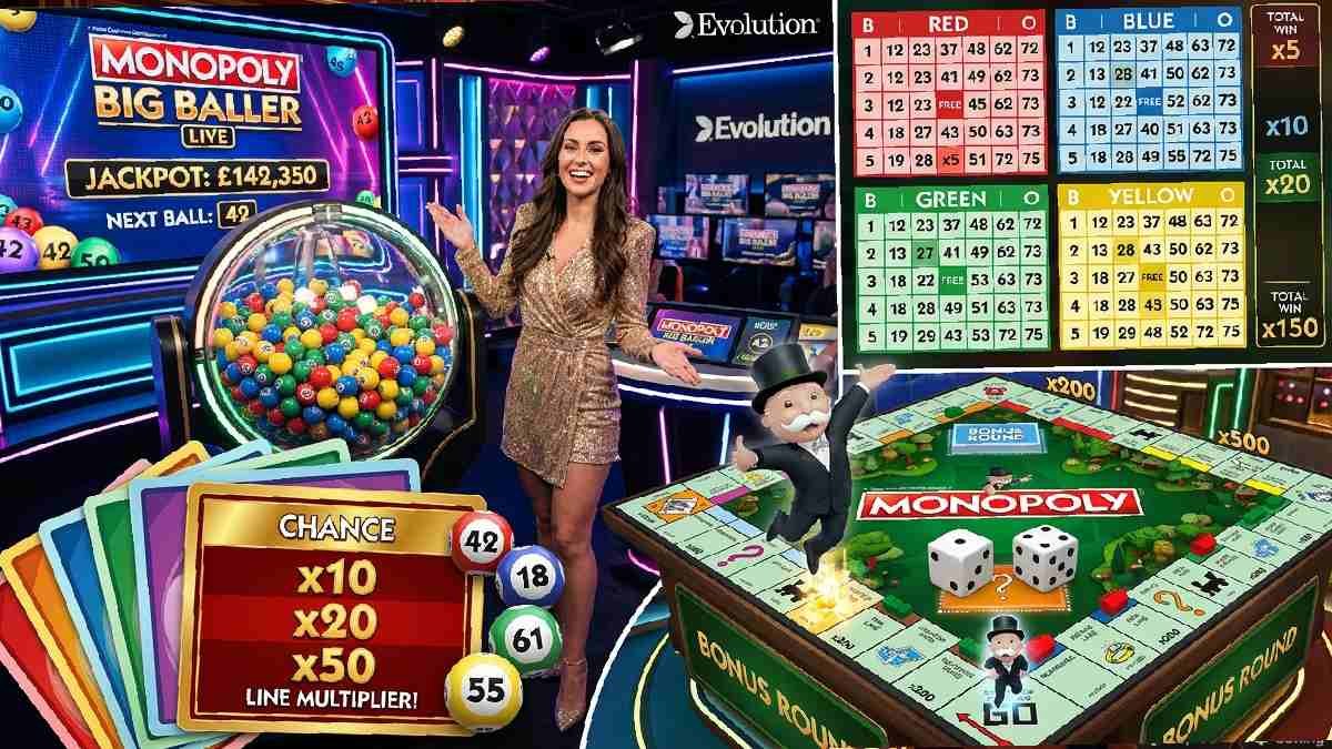 Monopoly Big Baller features showing bingo cards free spaces multipliers 3D bonus board and Mr. Monopoly rolling dice in casino. 