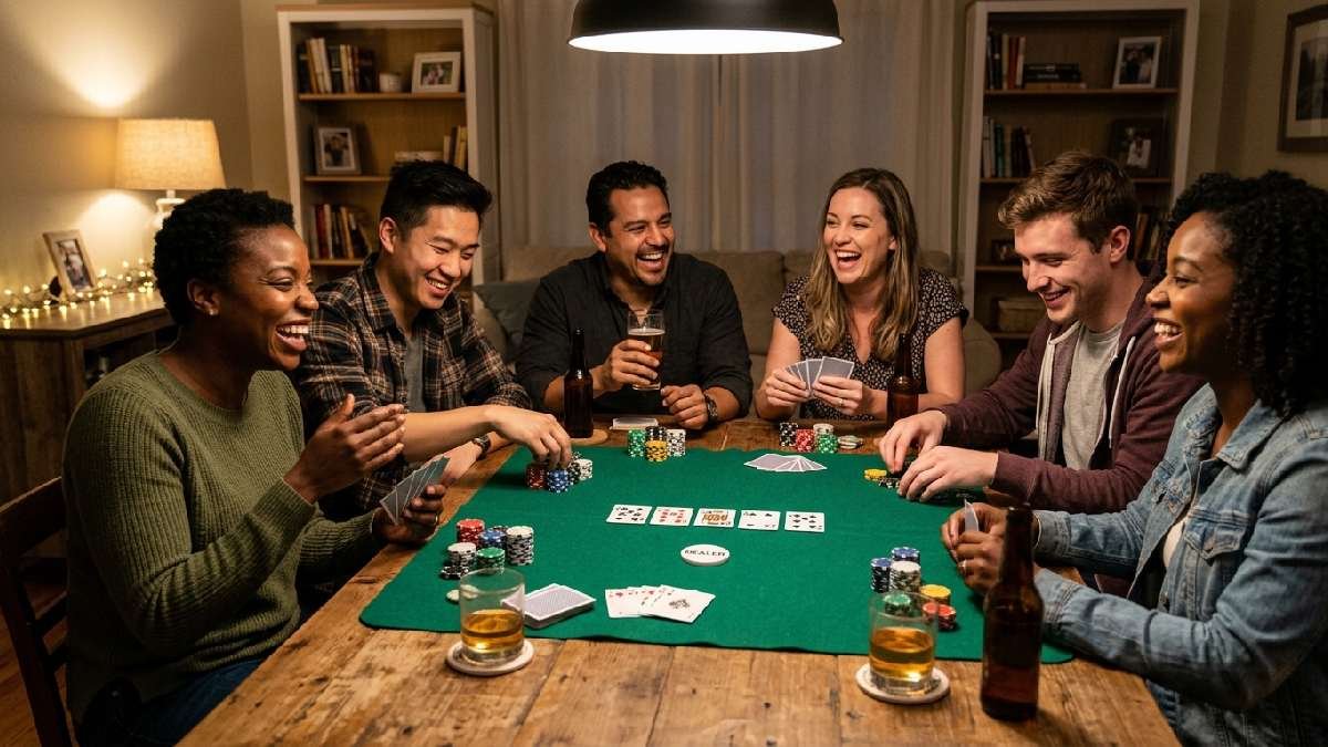 A group of friends laughing and playing poker around a table with chips and drinks, showing poker as a social experience. 