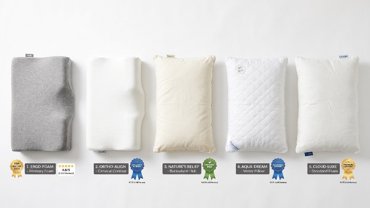 Five top-rated neck pain relief pillows displayed with star ratings on a clean white background.