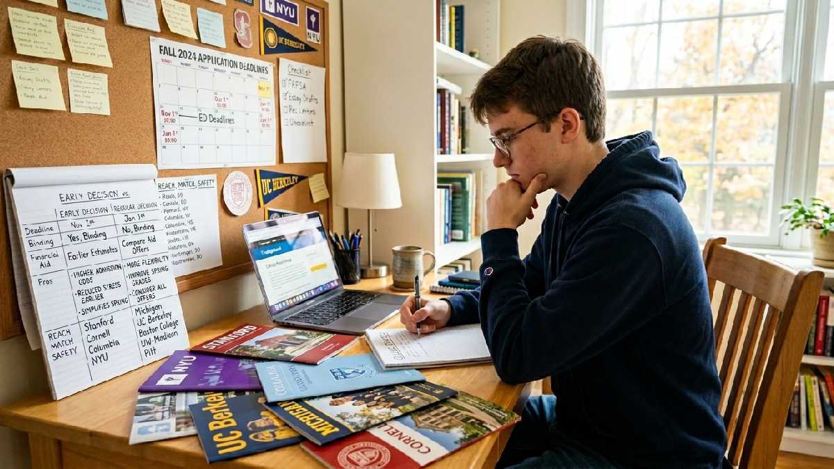 Student planning college application strategy with deadline calendar and comparison charts showing how timing and strategy shape admission outcomes.