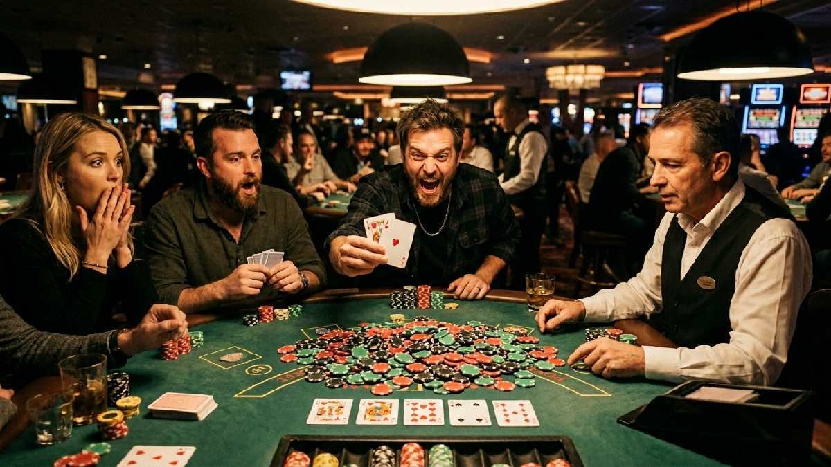 Player revealing winning poker hand with chips in center and surprised opponents showing the high entertainment value of poker. 