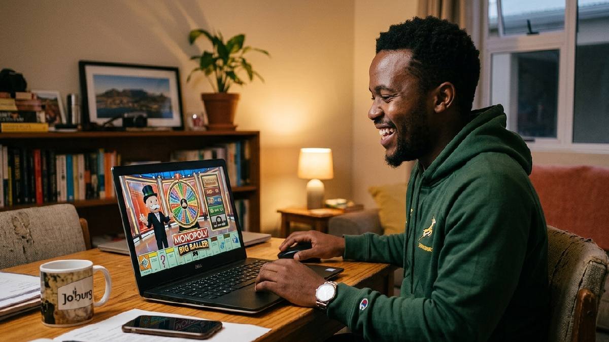 South African player excitedly watching Monopoly Big Baller on smartphone at home showing why the game is growing in popularity. 