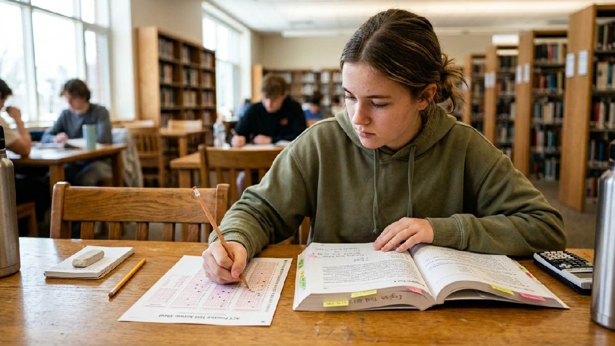 Student preparing for the SAT ACTa a exam with practice books and improving score sheets showing standardized tests still matter in admissions.