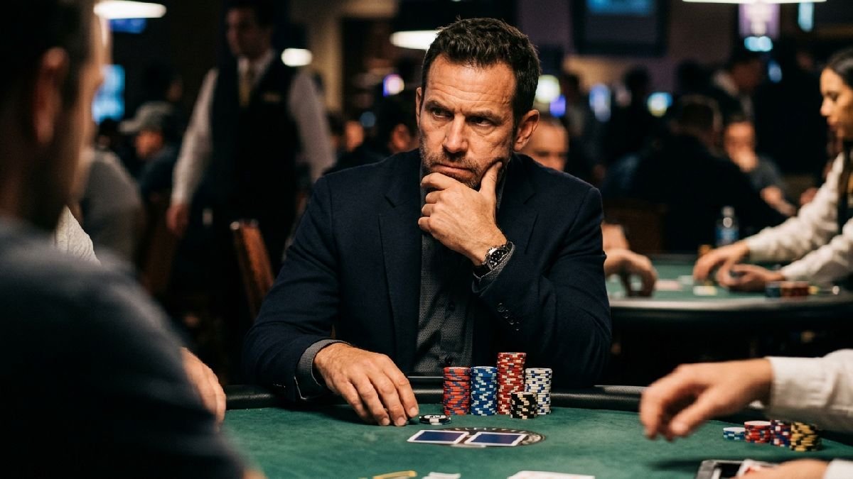 Focused poker player deep in thought at a casino table with chips showing strategic thinking at the heart of poker. 