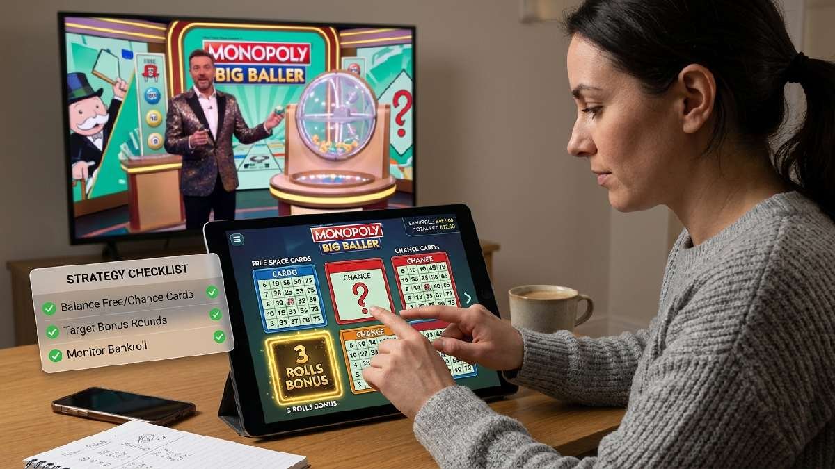 Player strategically selecting Free Space and Chance cards in Monopoly Big Baller showing smart tips for playing the online game. 