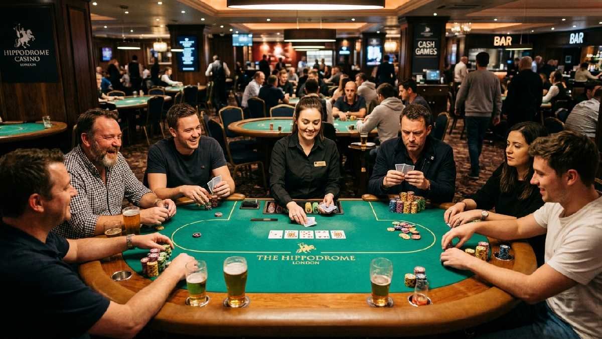 Poker table showing players socializing, laughing and thinking strategically together, showing how social entertainment and strategy work in poker. 