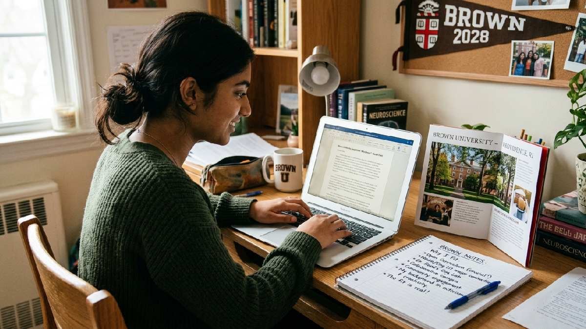 Student writing personalized college essay with a specific school brochure showing genuine fit beats generic applications in the admissions process.
