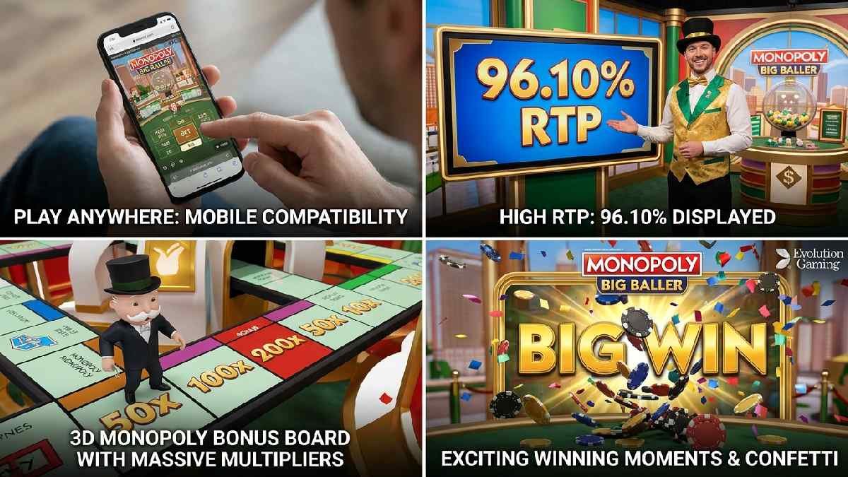 Monopoly Big Baller advantages showing mobile play high RTP live host interaction and 3D bonus board multipliers on screen. 