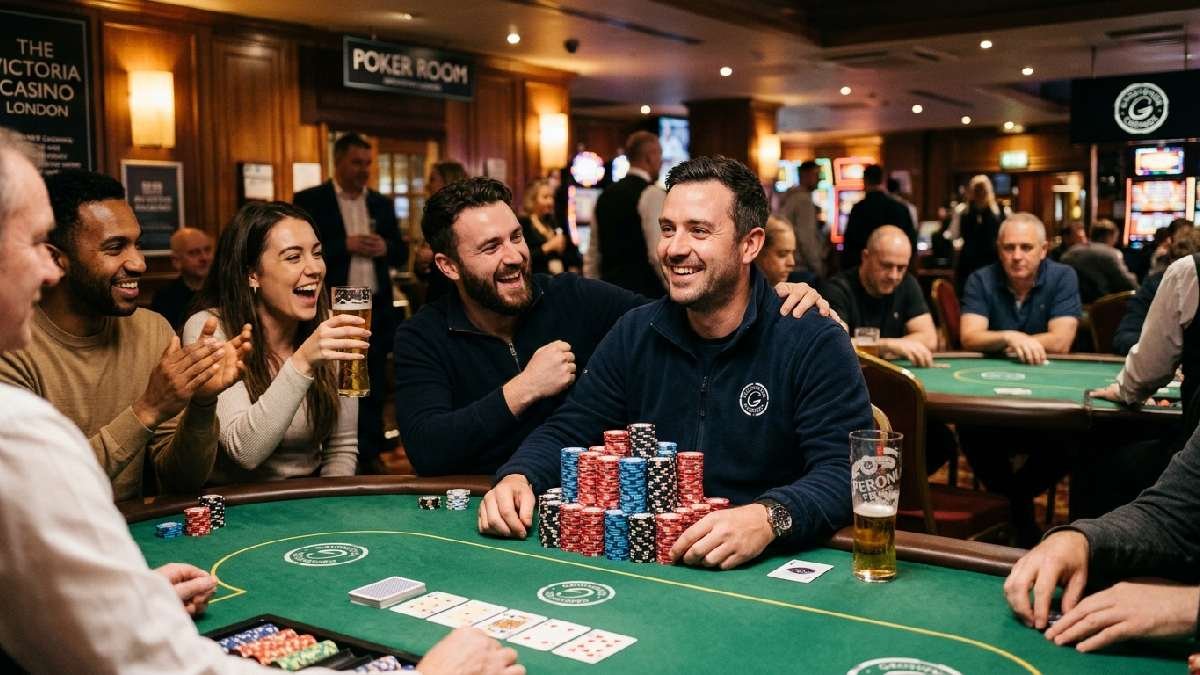 Confident UK poker player smiling with chip stack at casino table showing key benefits of playing poker in the UK. 