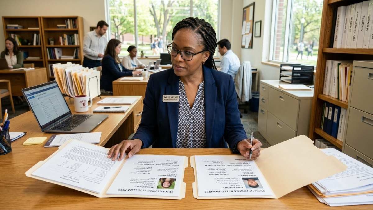 Admissions officer reviewing student achievements alongside school context, showing how background and circumstances shape how accomplishments are evaluated.