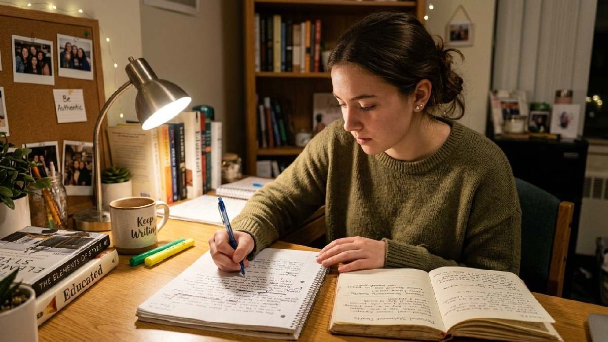 Student writing a reflective personal essay with journal and draft notes showing college admissions rewards reflection and growth over perfection.
