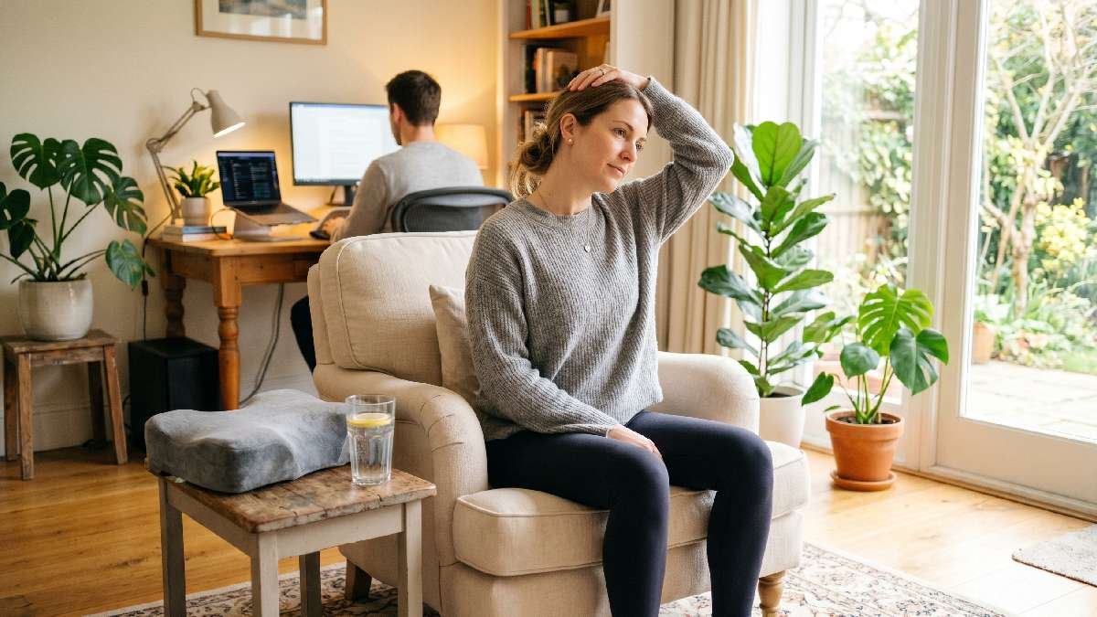 Person doing neck stretching exercises in a bright living room with ergonomic pillow and water glass nearby.