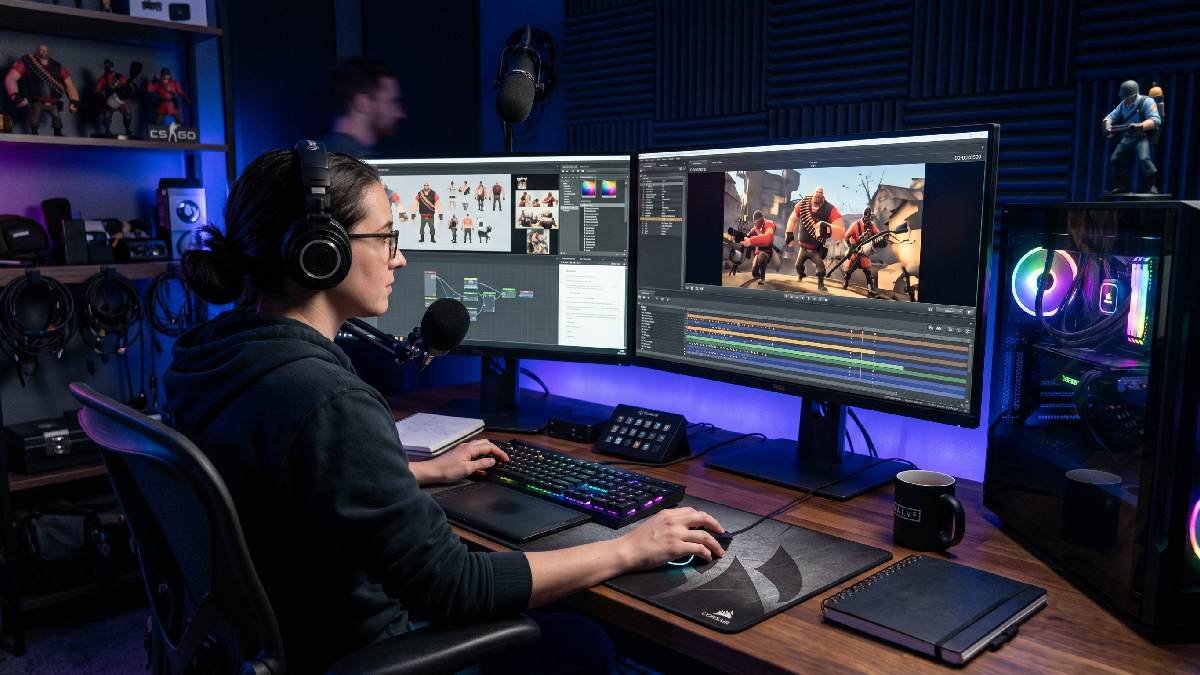 Professional animator working on advanced SFM compile project with complex timeline on dual monitor editing setup.