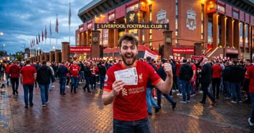 Excited fan holding affordable Liverpool FC tickets in front of the Anfield stadium entrance on matchday.