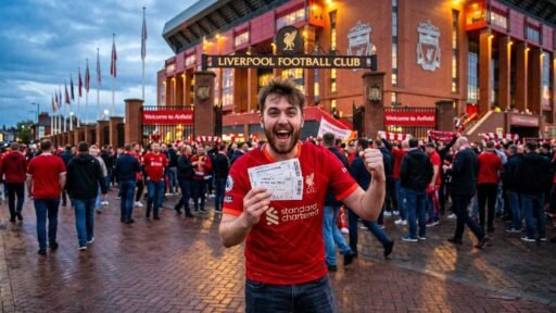 Excited fan holding affordable Liverpool FC tickets in front of the Anfield stadium entrance on matchday.