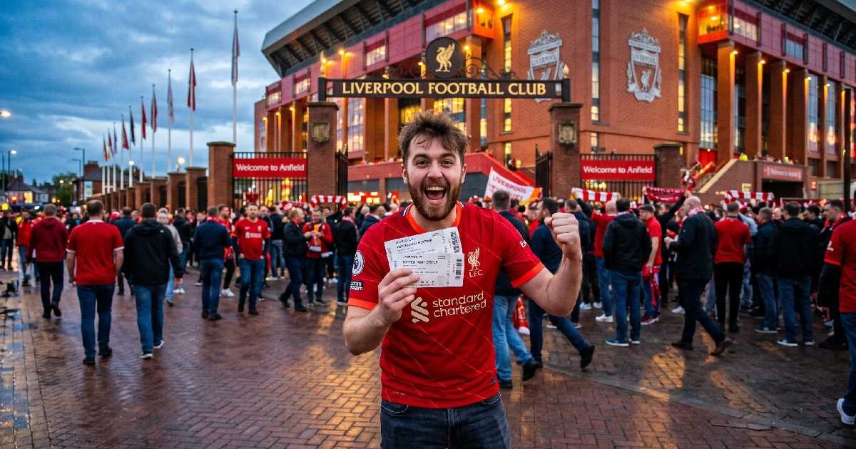 Excited fan holding affordable Liverpool FC tickets in front of the Anfield stadium entrance on matchday.