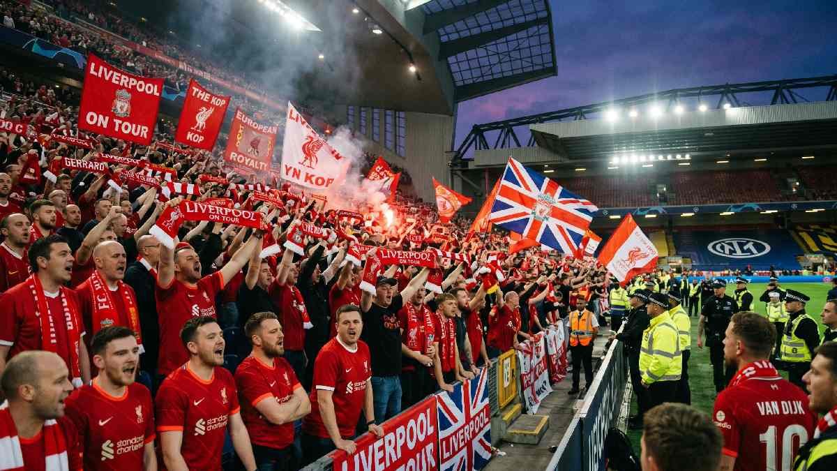 Excited Liverpool FC fans in red jerseys packed in the away section of a European stadium, waving scarves.