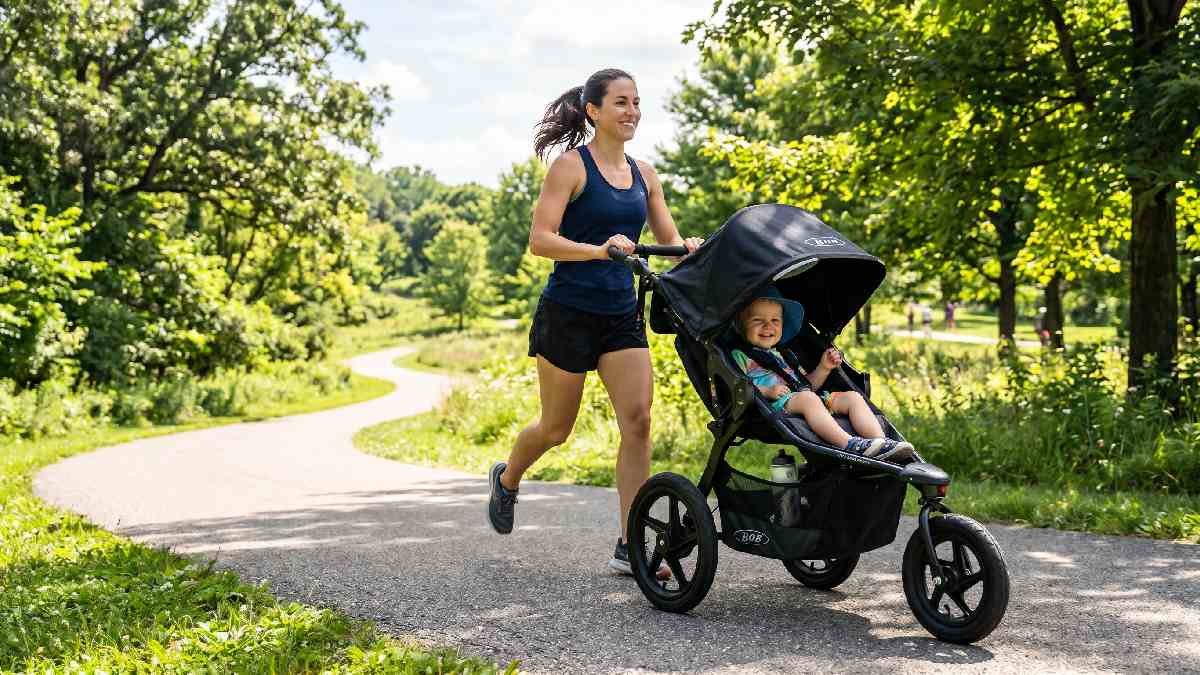 BOB Gear Revolution Flex 3.0 jogging stroller on an outdoor trail with large tires and sleek frame.
