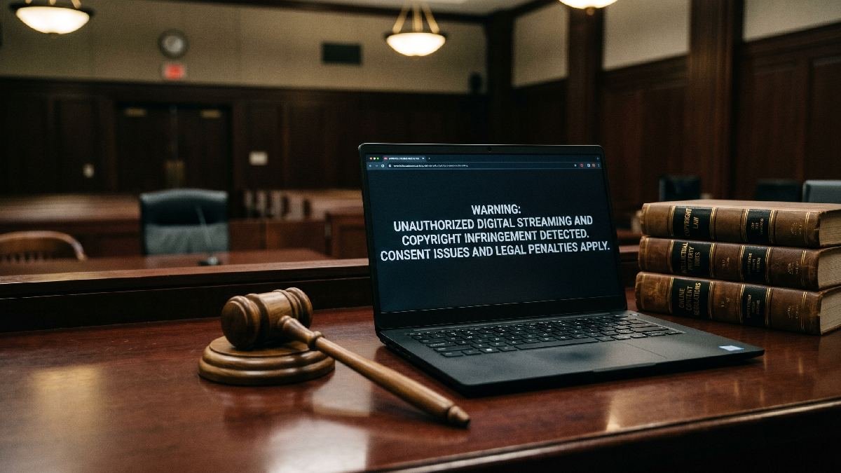 Judge gavel beside laptop with legal warning representing serious BaddieHub and legal concerns including copyright and consent violations. 