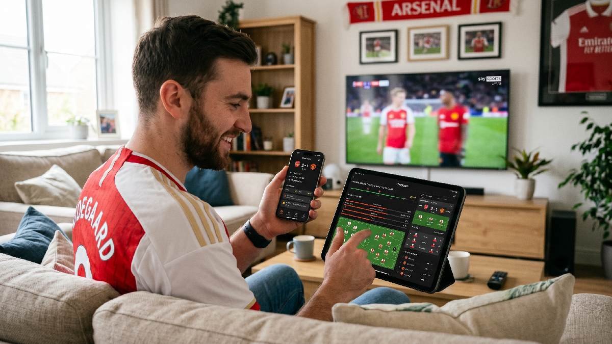 Football fan using live score platform on smartphone and tablet showing real time scores stats and notifications.