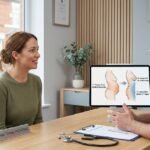 Professional mummy makeover consultation in Manchester UK clinic, surgeon discussing tummy tuck, breast lift, liposuction with female patient concept diagrams
