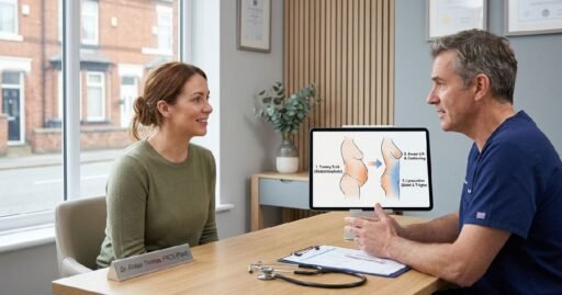 Professional mummy makeover consultation in Manchester UK clinic, surgeon discussing tummy tuck, breast lift, liposuction with female patient concept diagrams