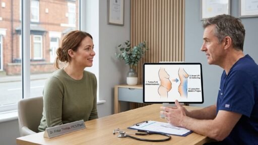 Professional mummy makeover consultation in Manchester UK clinic, surgeon discussing tummy tuck, breast lift, liposuction with female patient concept diagrams
