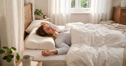 Person waking up pain-free using the best pillow for neck pain with cervical memory foam support.