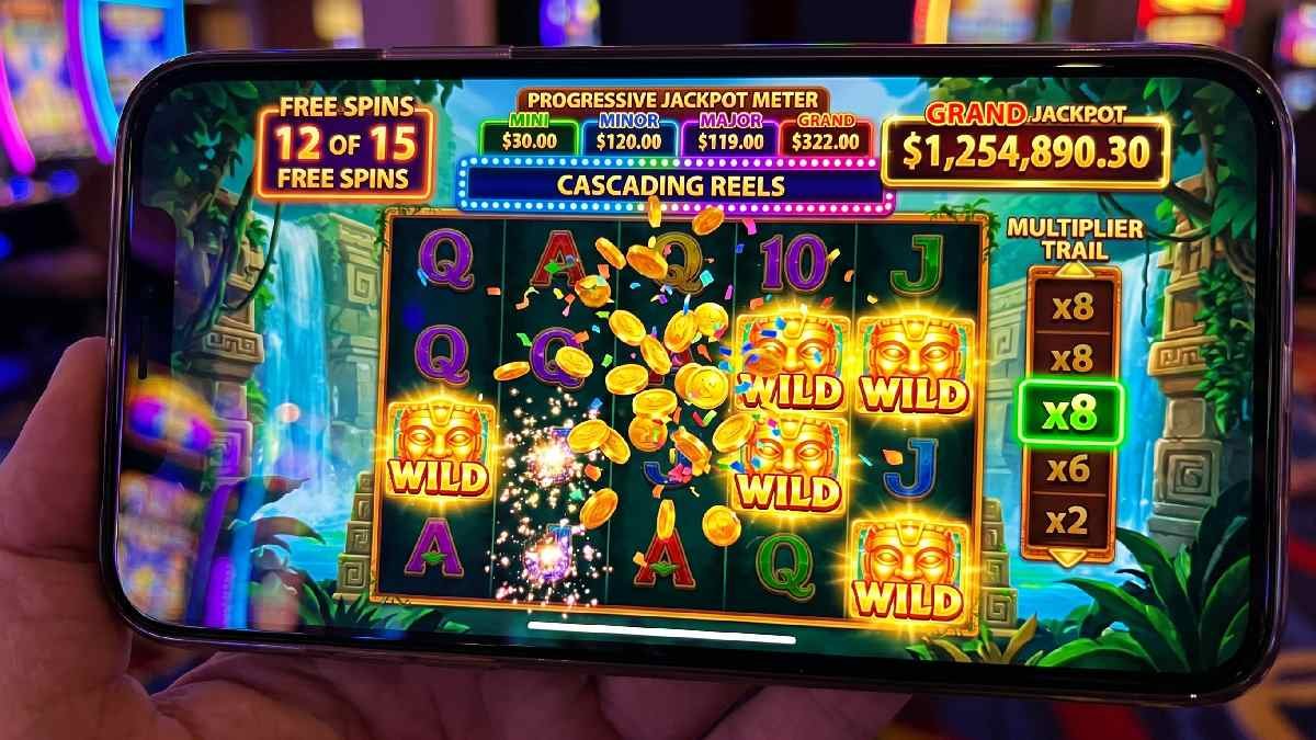 Online slot screen showing free spins wilds multipliers and jackpot features representing best slot features that boost winning potential.