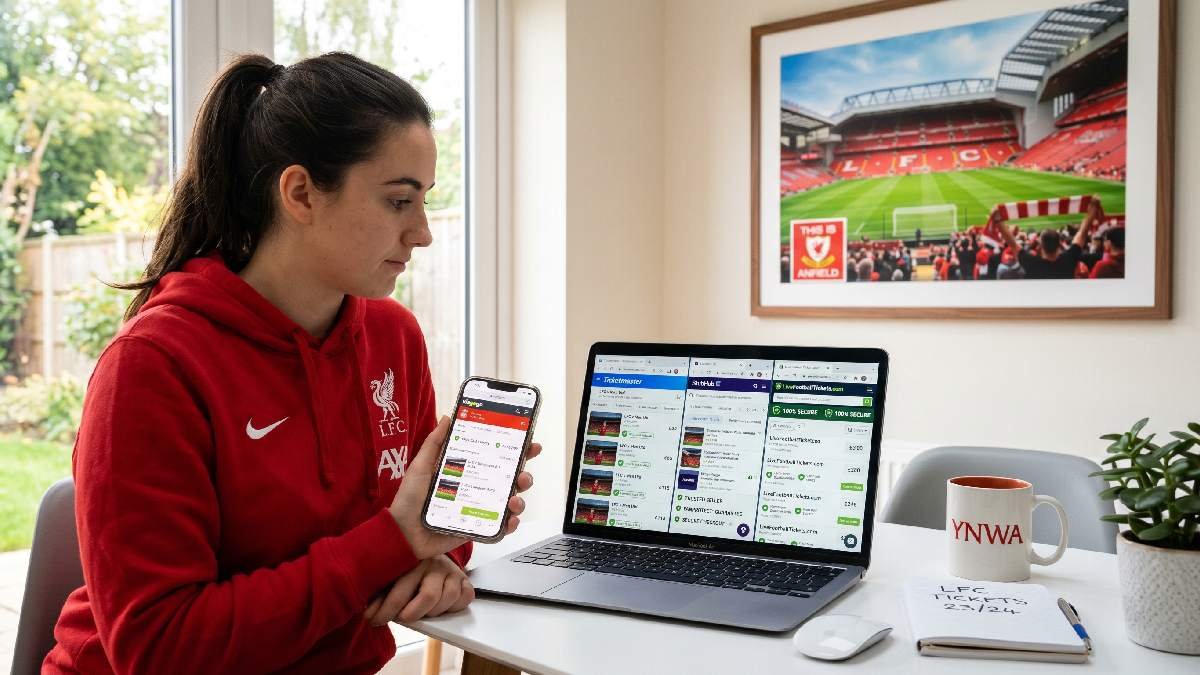 Person comparing affordable Liverpool FC ticket prices across multiple trusted websites on a laptop and a smartphone.