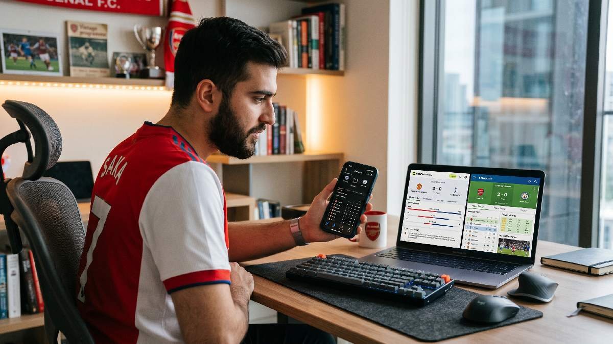 Football fan comparing multiple live score platforms on smartphone and laptop showing real time scores and match stats.