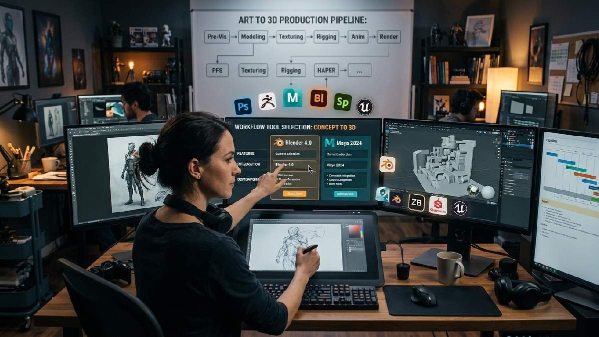 Creative professional selecting optimal software tools for workflow management, comparing concept art, modeling, and rendering applications in digital studio environment