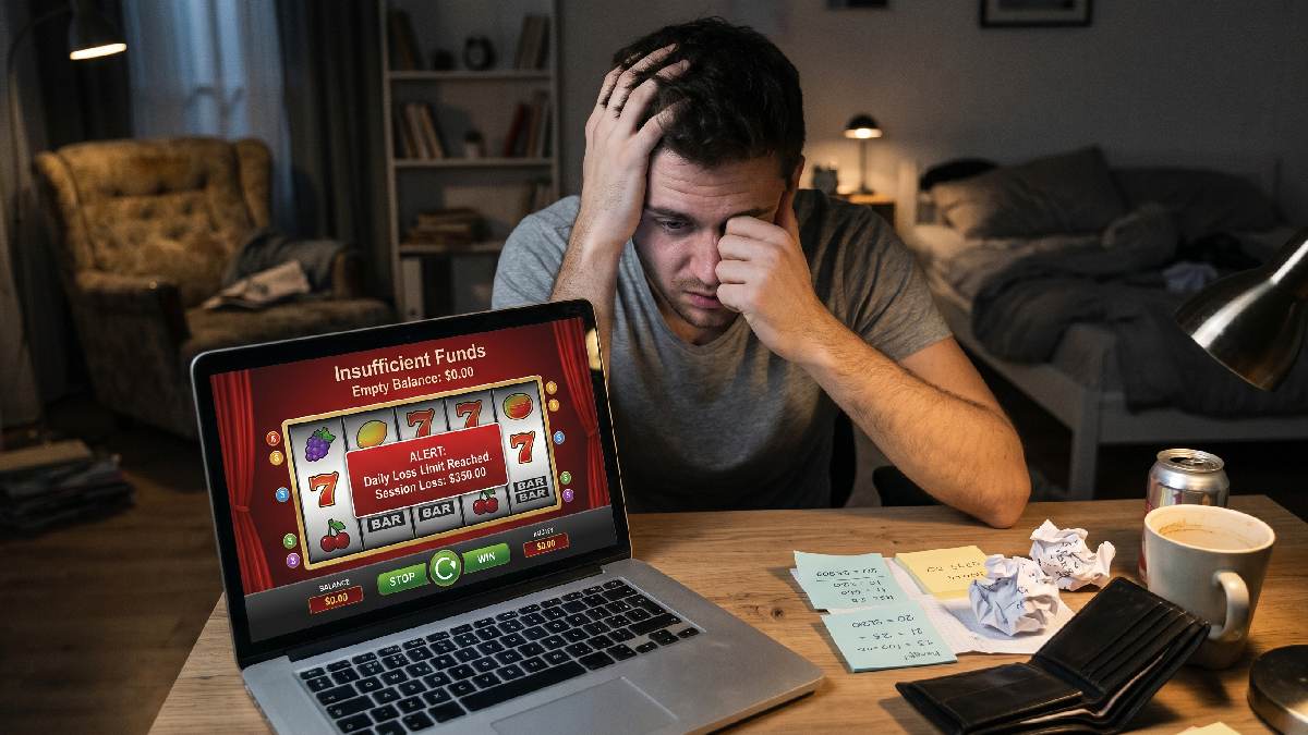 Frustrated player with empty slot balance on laptop representing common mistakes that seriously reduce online slot winning potential today.