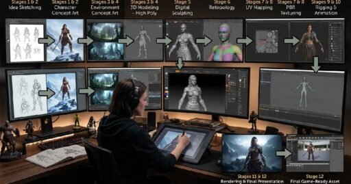 Complete artist workflow showing concept sketches, digital painting, 3D modeling, texturing, rigging, rendering, and final asset presentation process.