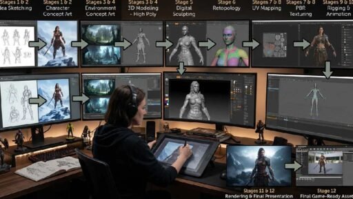 Complete artist workflow showing concept sketches, digital painting, 3D modeling, texturing, rigging, rendering, and final asset presentation process.