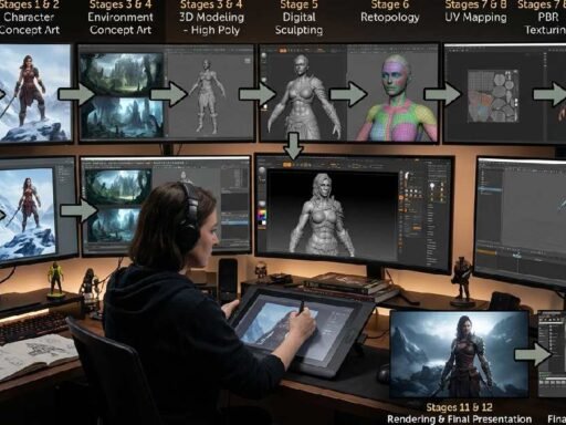 Complete artist workflow showing concept sketches, digital painting, 3D modeling, texturing, rigging, rendering, and final asset presentation process.