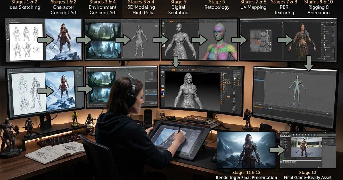 Complete artist workflow showing concept sketches, digital painting, 3D modeling, texturing, rigging, rendering, and final asset presentation process.