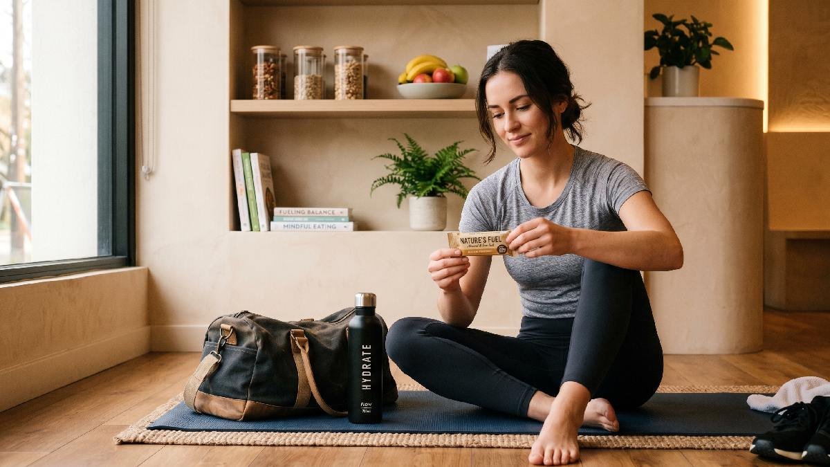 Person holding protein bar reflecting on nutrition choices after workout considering health benefits convenience taste and fitness lifestyle decisions