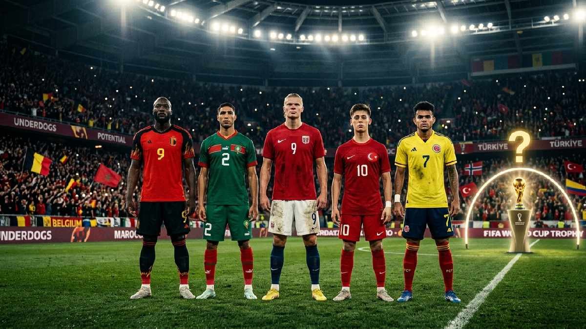 Belgian Moroccan Norwegian Turkish and Colombian players standing together representing dark horse teams who could surprise at World Cup 2026. 