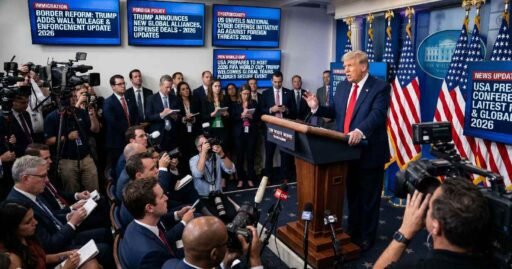 Donald Trump at White House podium with news headlines in background representing Donald Trump news today 2026 latest updates.