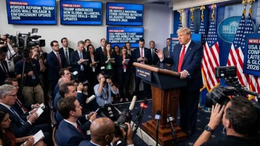 Donald Trump at White House podium with news headlines in background representing Donald Trump news today 2026 latest updates.