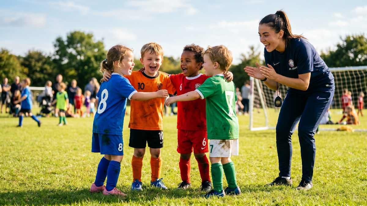 Toddlers in football kits celebrating together with coach after scoring a goal on a sunny grass field.