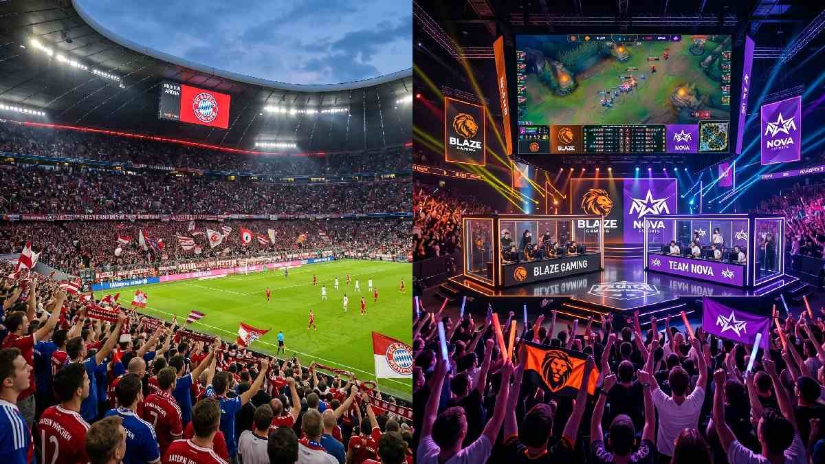 Traditional sports stadium and modern esports arena side by side showing the merging of both sporting worlds. 