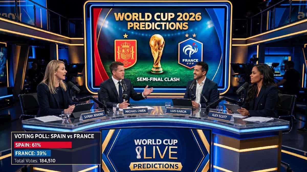 Sports analysts discussing predictions in studio with Spain and France crests displayed representing expert picks for World Cup 2026 winner.