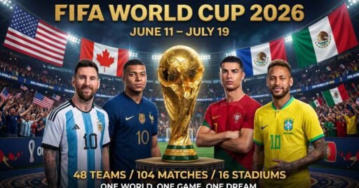 FIFA World Cup 2026 promotional poster with four football players golden trophy and host nation flags representing complete tournament schedule.