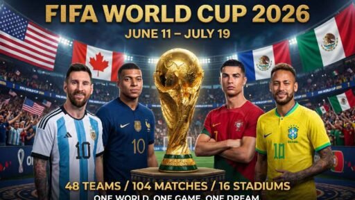 FIFA World Cup 2026 promotional poster with four football players golden trophy and host nation flags representing complete tournament schedule.